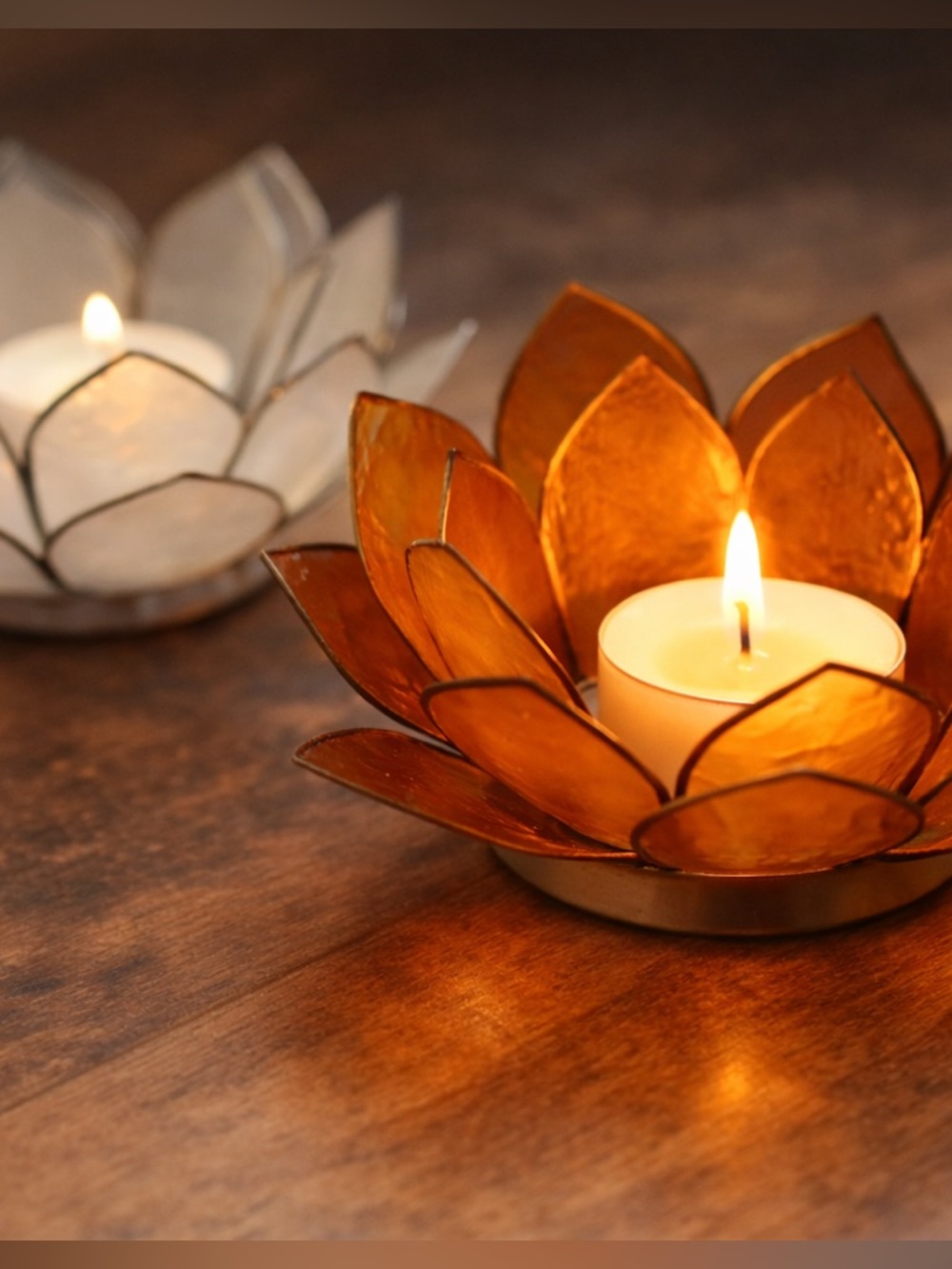 Capiz Shell Lotus Tealight Holders Set 2 Boho Coastal Decor Vintage